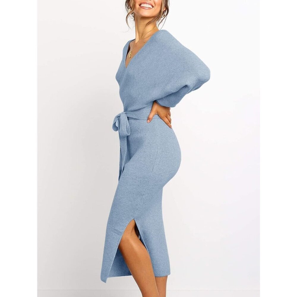 Women blue Wrap Maxi Sweater Dress V Neck Batwing Slit Open Back Bodycon Belt - Picture 2 of 7